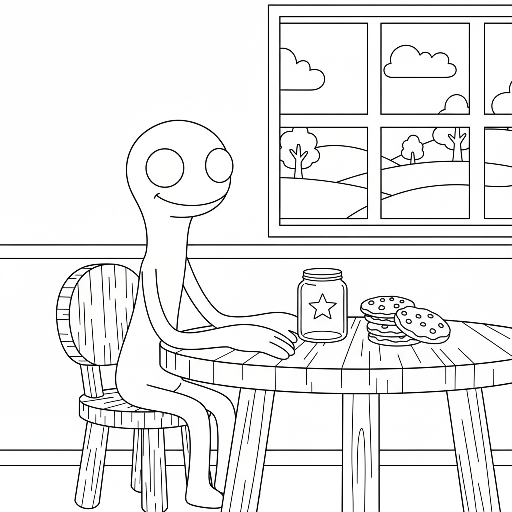 Rainbow Friends Purple sitter vid ett bord