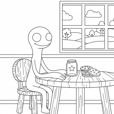 Rainbow Friends Purple sitter vid ett bord