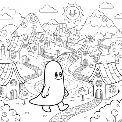 Rainbow Friends Green vandrar genom en by