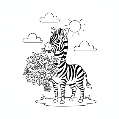 Zebra som bär en blombukett i munnen