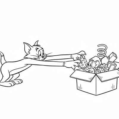 Tom sträcker sig efter Jerry som gömmer sig i en låda