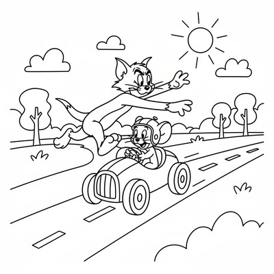 Jerry kör en liten leksaksbil medan Tom springer efter