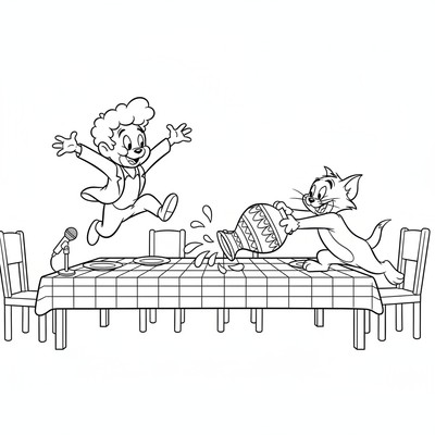 Jerry springer över bordet medan Tom välter en vas