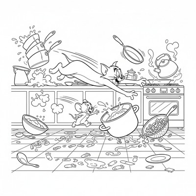 Tom jagar Jerry genom köket bland kastruller