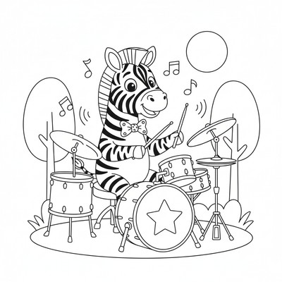 Zebra som sitter vid en trumma och spelar