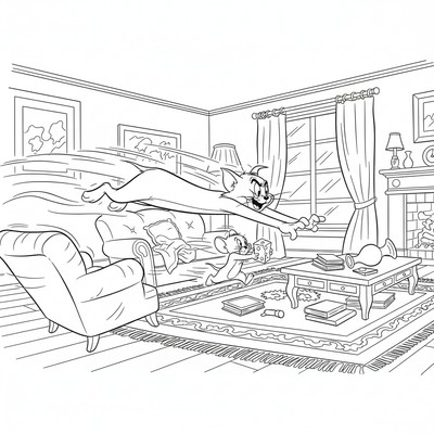 Tom och Jerry springer genom vardagsrummet i full fart