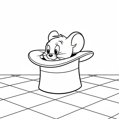 Jerry gömmer sig i en hatt på golvet