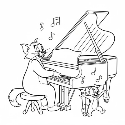 Tom spelar piano medan Jerry dansar på tangenterna