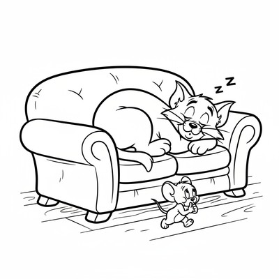 Tom ligger på soffan och sover medan Jerry smyger förbi