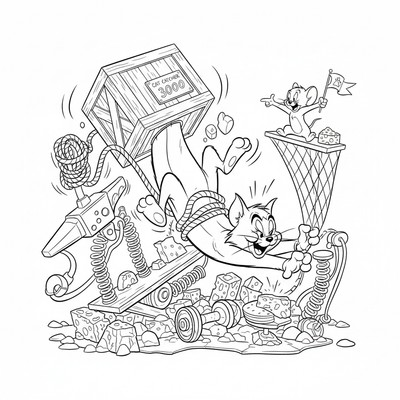 Tom står i en fälla han själv byggt medan Jerry tittar på