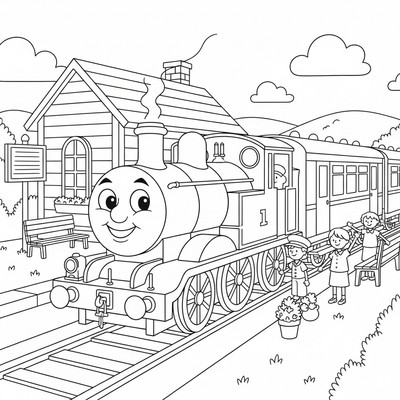 Tåget Thomas stannar vid en liten station