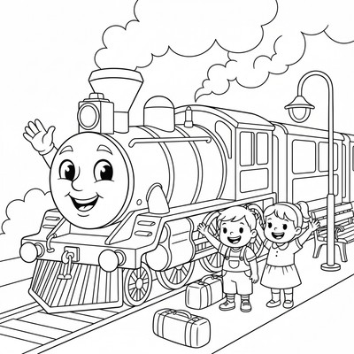 Tåget Thomas vinkar med ansiktet till barn på perrongen