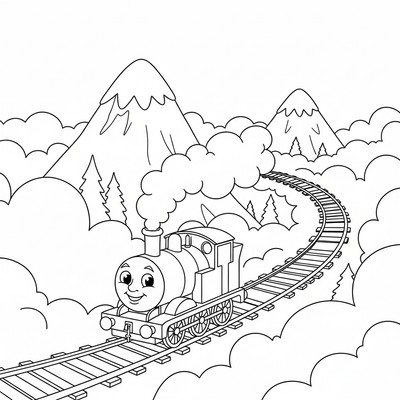 Tåget Thomas kör längs bergen i dimma