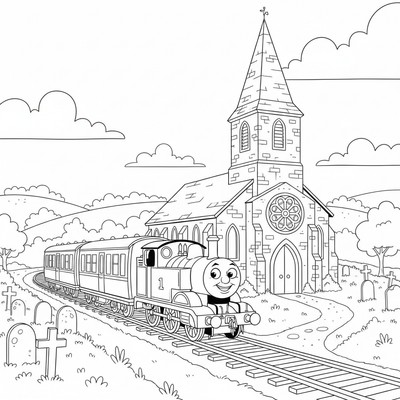 Tåget Thomas passerar en gammal kyrka