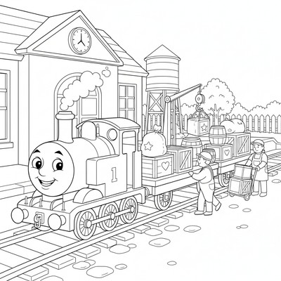 Tåget Thomas lastar gods på en station