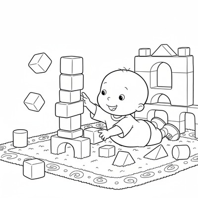 Caillou leker med byggklossar på golvet