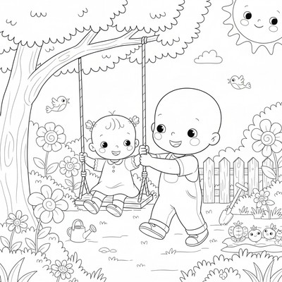 Caillou leker med sin syster Rosie i trädgården