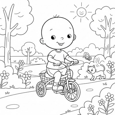 Caillou cyklar på sin lilla trehjuling