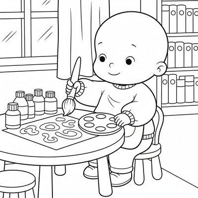 Caillou målar med färg vid ett bord