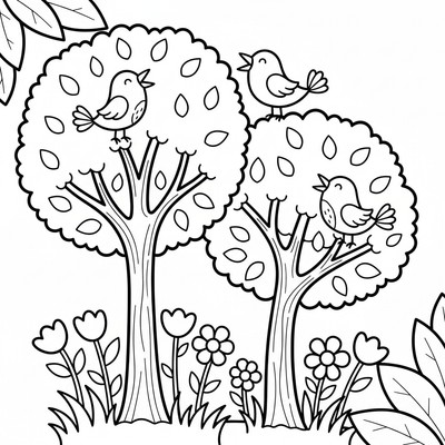 Vårfåglar sjunger i träden