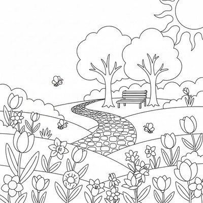 Vårblommor växer i en solig park