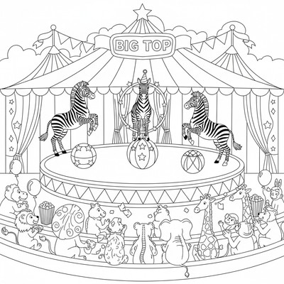 Zebror på cirkusscen med publik av andra djur