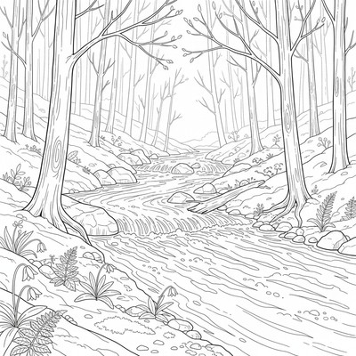 Vårflod rinner genom skog