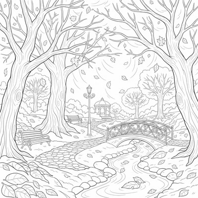 Höstlöv faller i en park