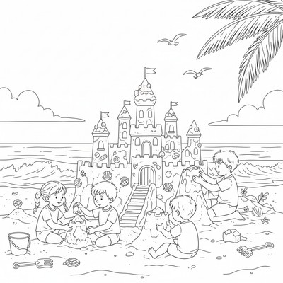 Sommarlek med sandslott på stranden