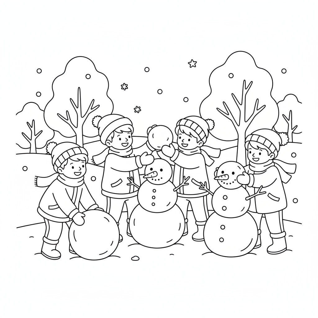 Vinterbarn bygger snögubbar