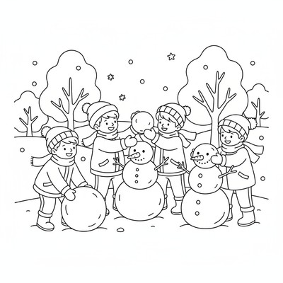 Vinterbarn bygger snögubbar