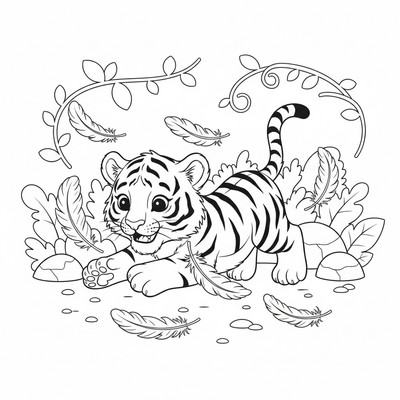 Tigerunge som leker med fjädrar