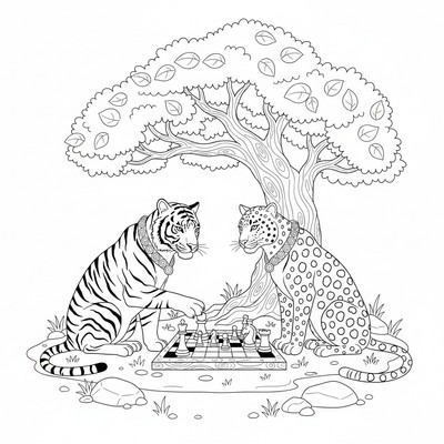Tiger som spelar schack med en leopard under träd