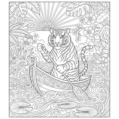 Tiger i en båt på floden med paddel i tassarna
