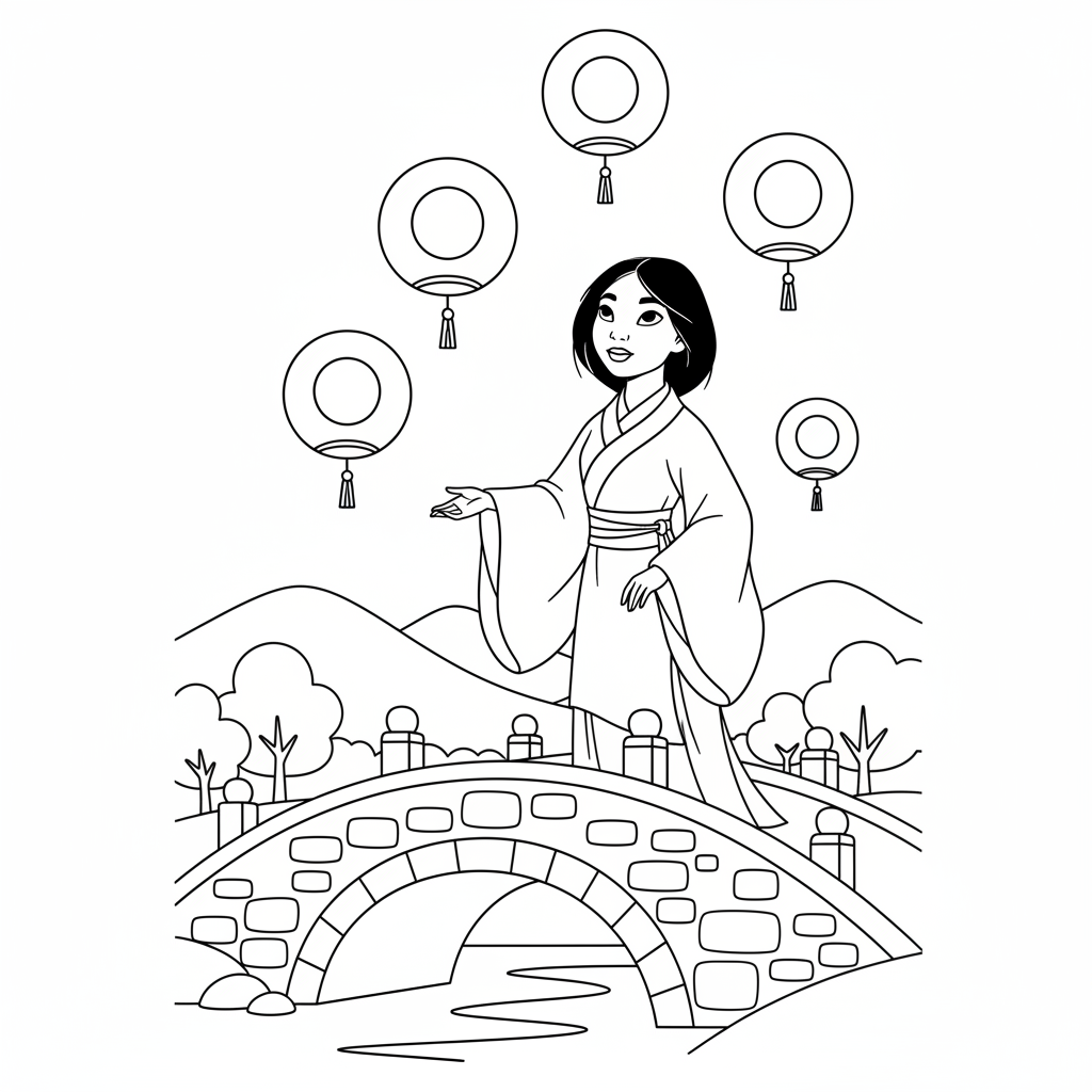Mulan – Papperslyktor svävar över en liten bro.