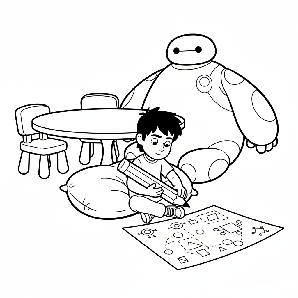Big Hero 6 – Hiro skissar enkla robot-scheman på papper.