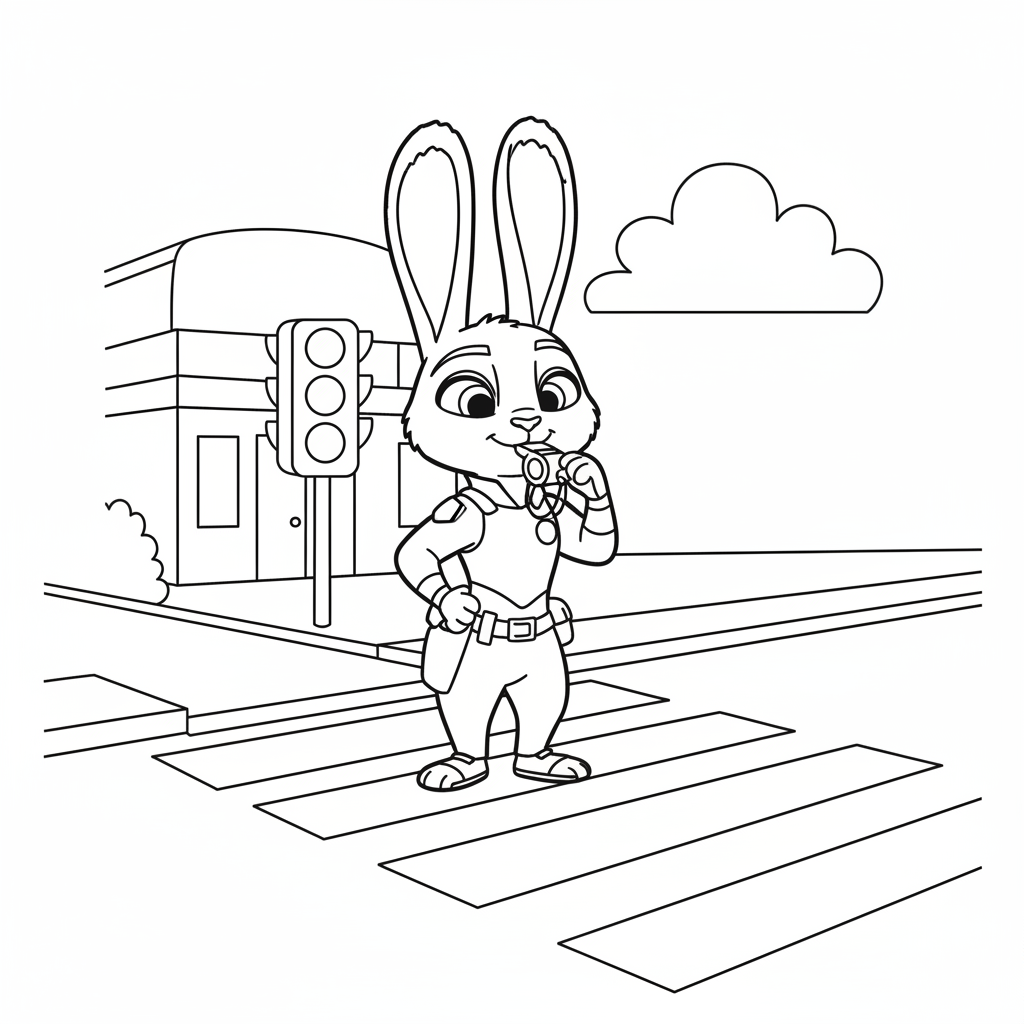 Zootopia – Judy Hopps blåser i visselpipa vid övergångsställe.