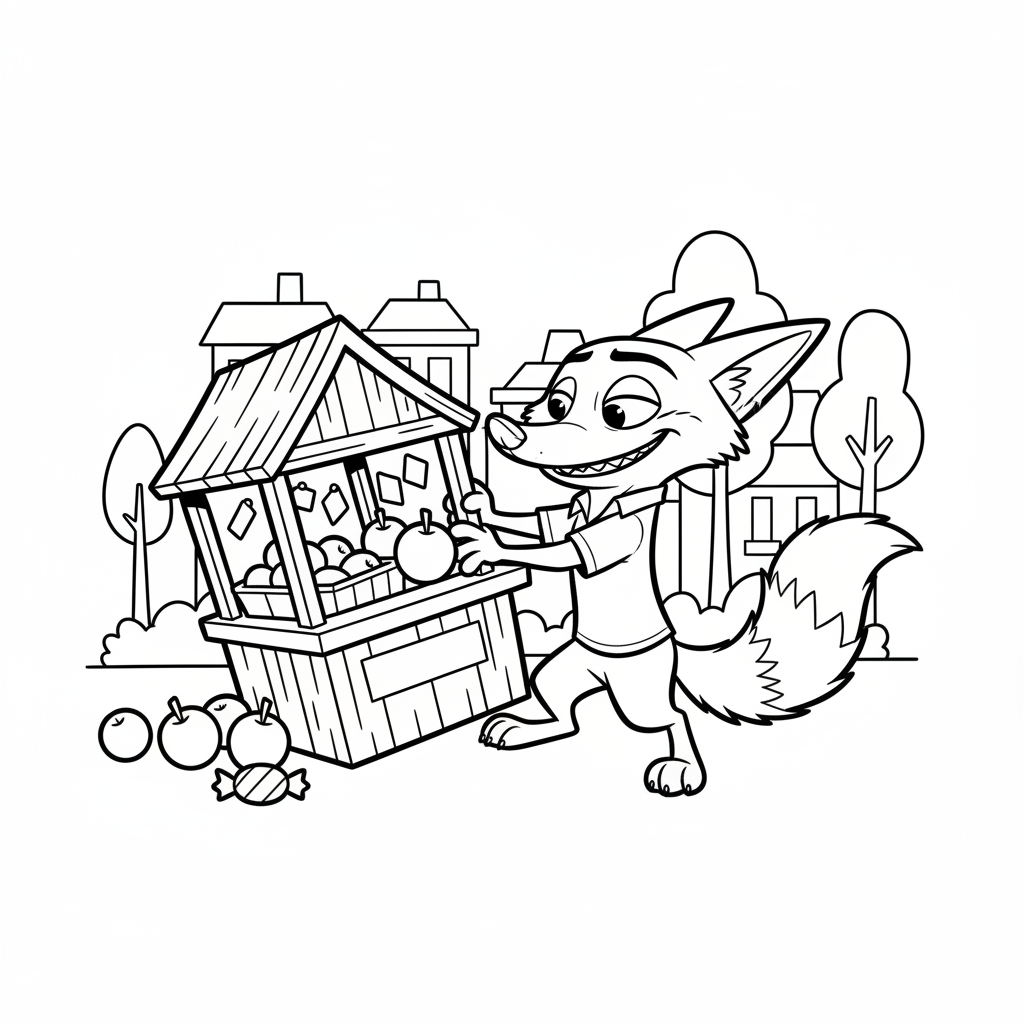 Zootopia – Nick Wilde lutar mot kiosk med sly-leende.