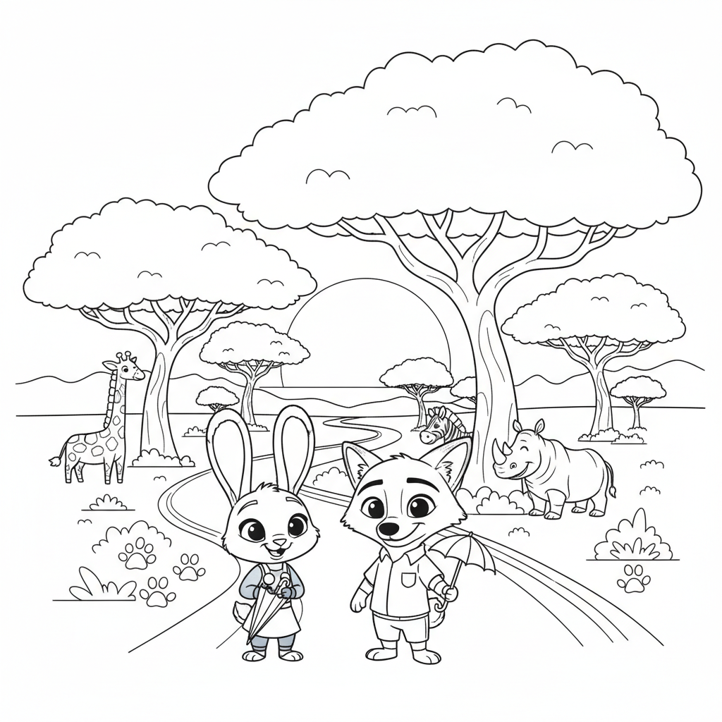 Zootopia – Savannavdelning med paraplyträd och spår.