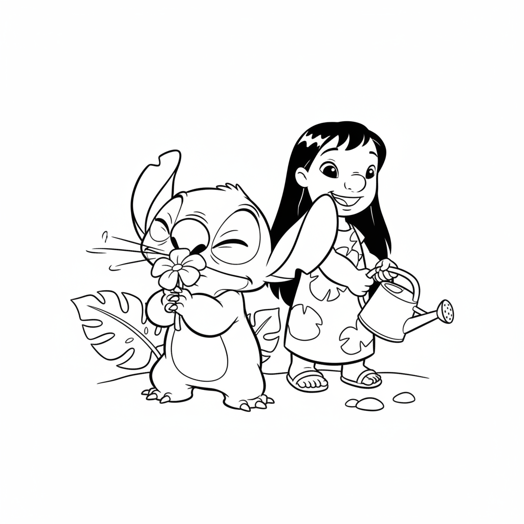 Lilo & Stitch – Stitch luktar på blomma och nyser, komiskt.