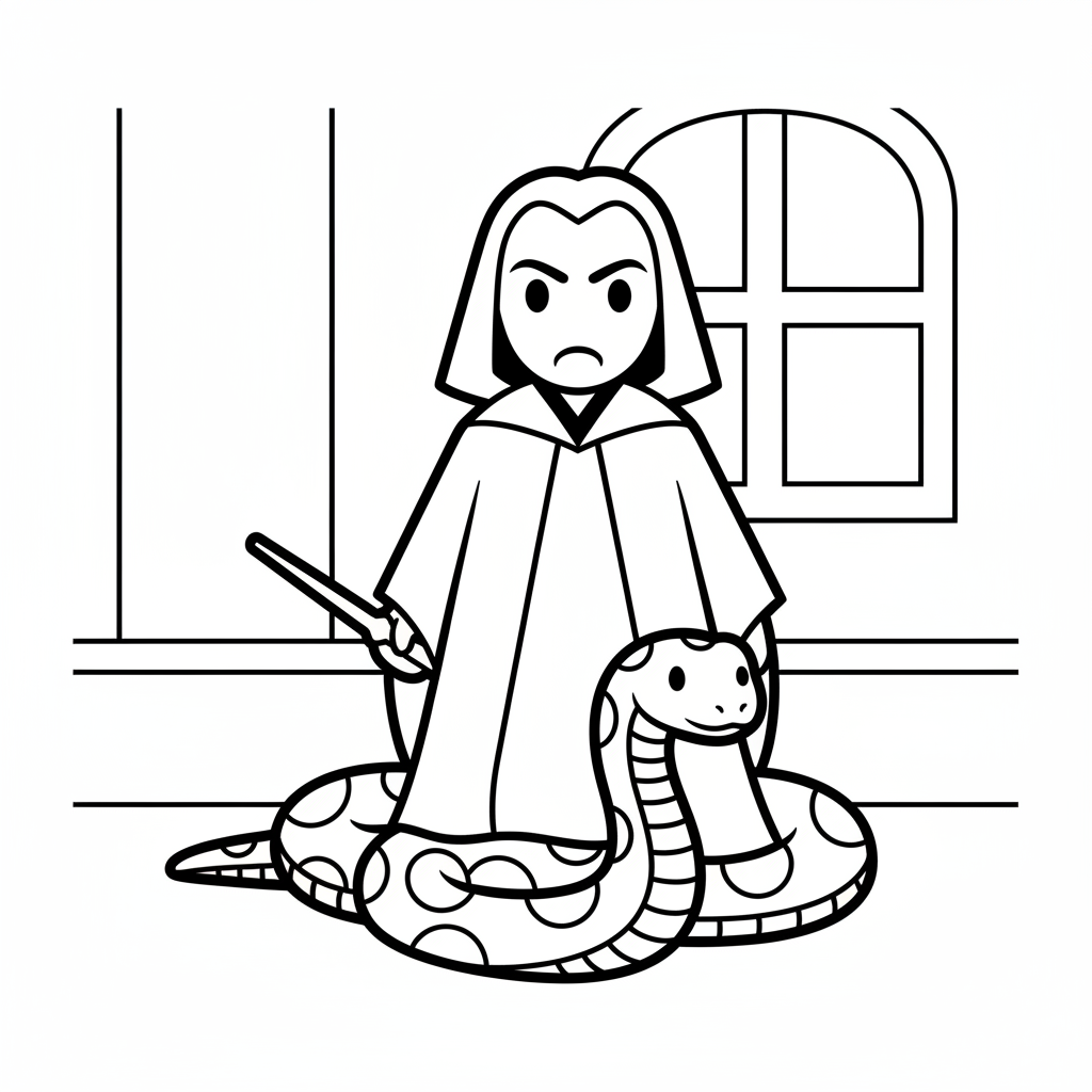 Voldemort står med Nagini ringlad vid fötterna.