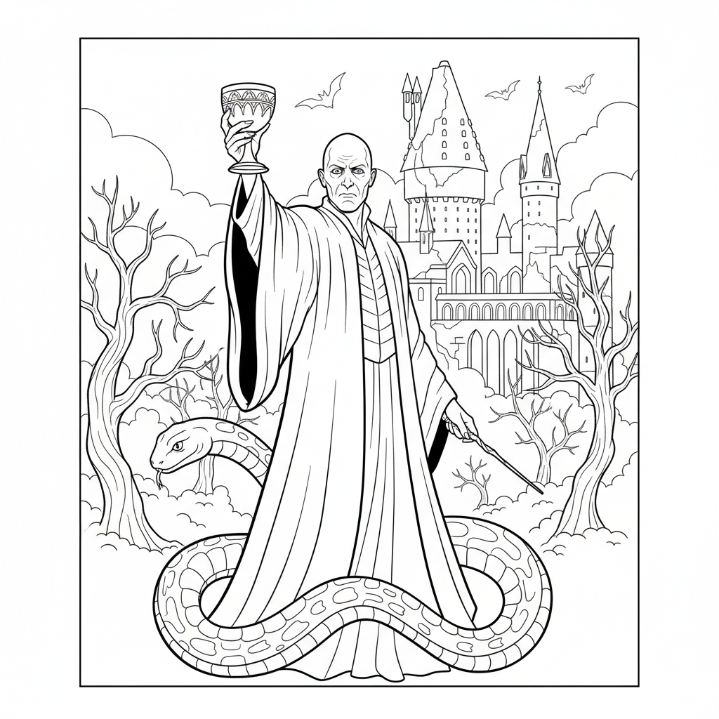 Voldemort håller kalk i ena handen, stav i andra.