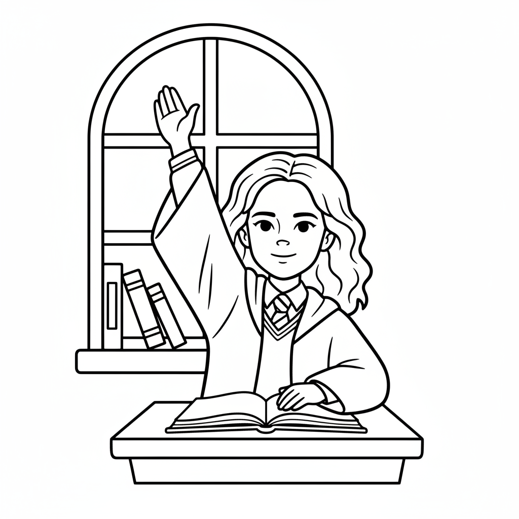 Hermione Granger lyfter hand som om hon vill svara.