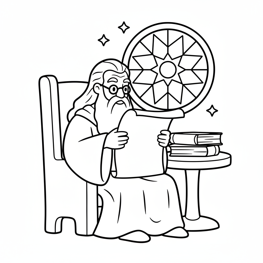 Albus Dumbledore läser på pergament med halvmåneglasögon.