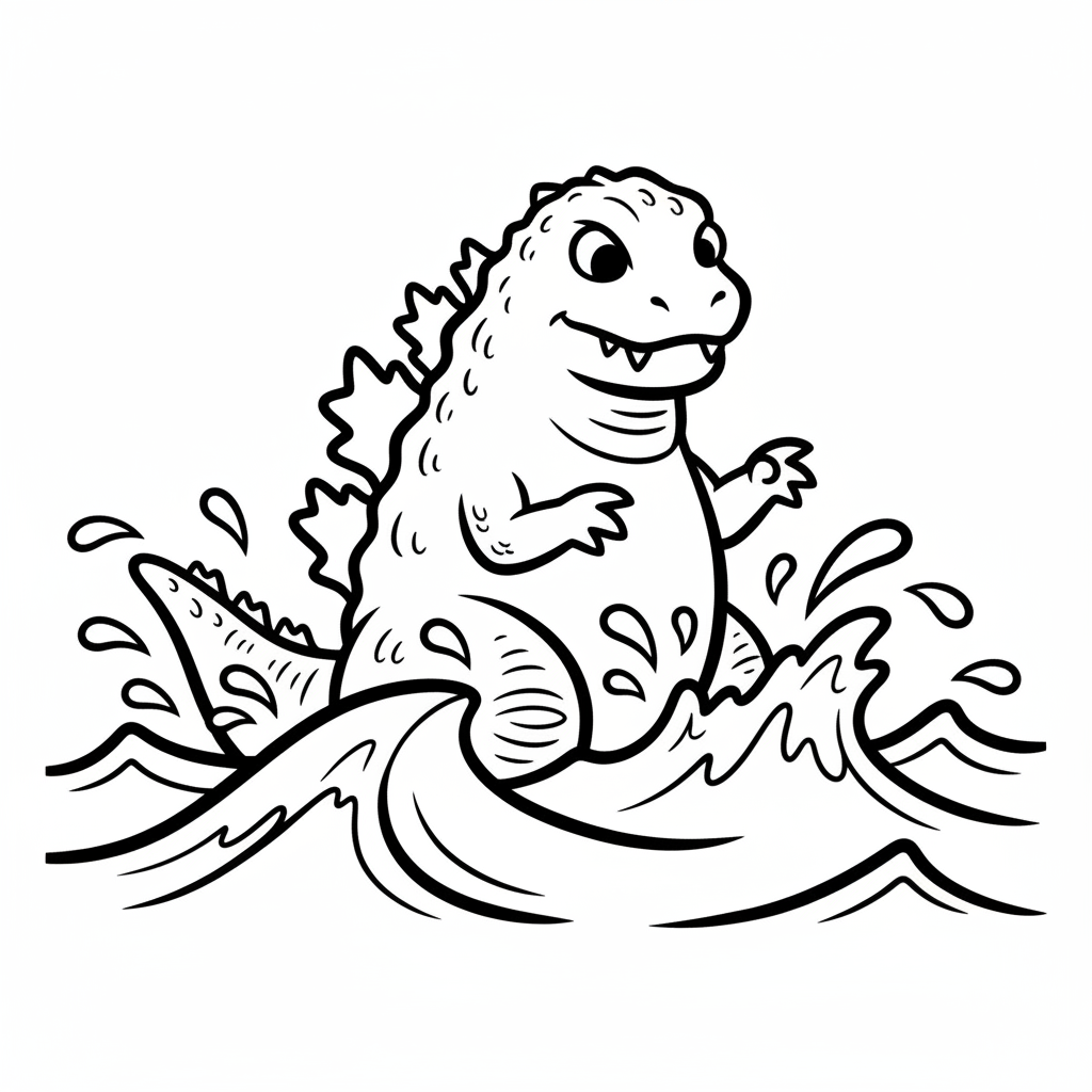 Godzilla – reser sig ur havet, vatten rinner från svansen.
