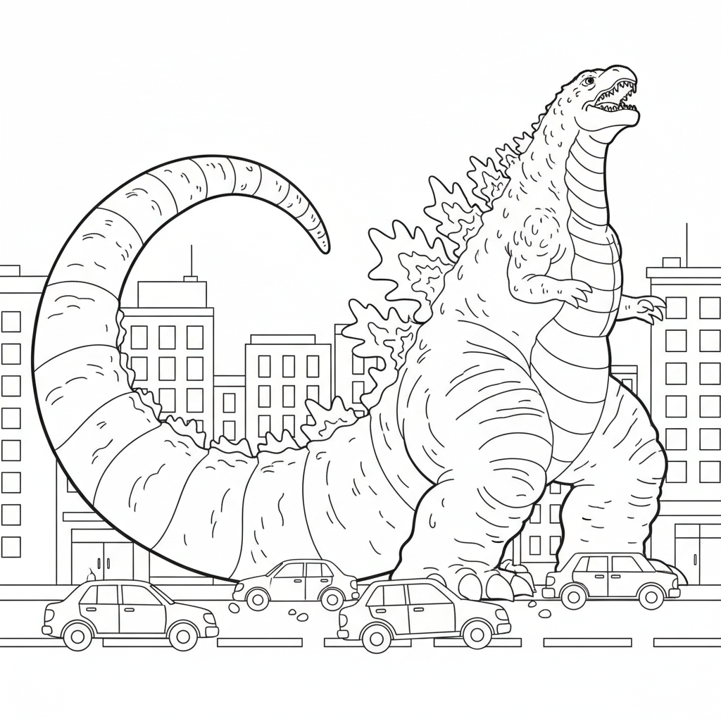 Godzilla – svans sveper över gatan, bilar i enkel profil.