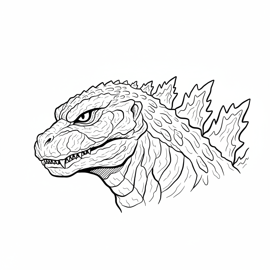 Godzilla – närbild på huvud och ryggtaggar i profil.