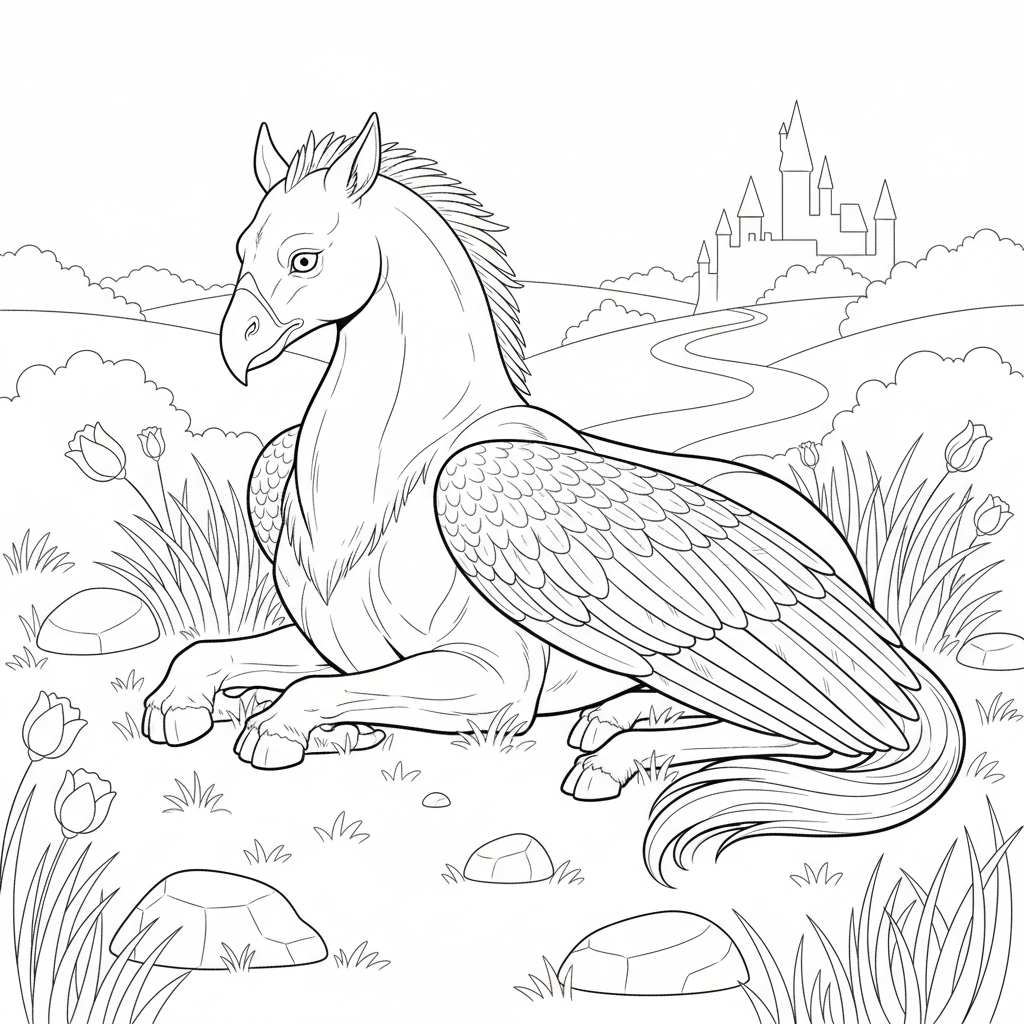 Harry Potter – Hippogriff i lugn pose på äng (stiliserad).