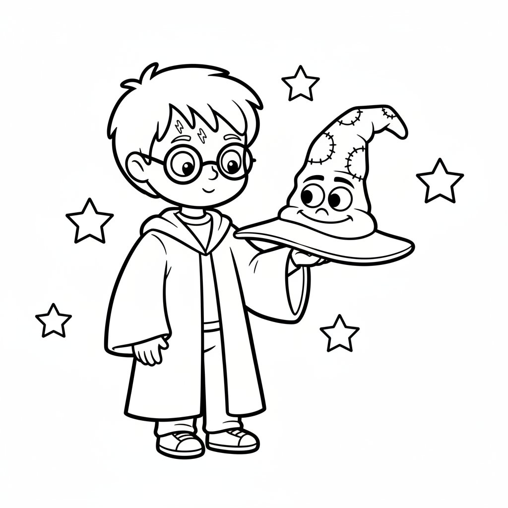 Harry Potter står med sorteringshatten i handen, studerar den.