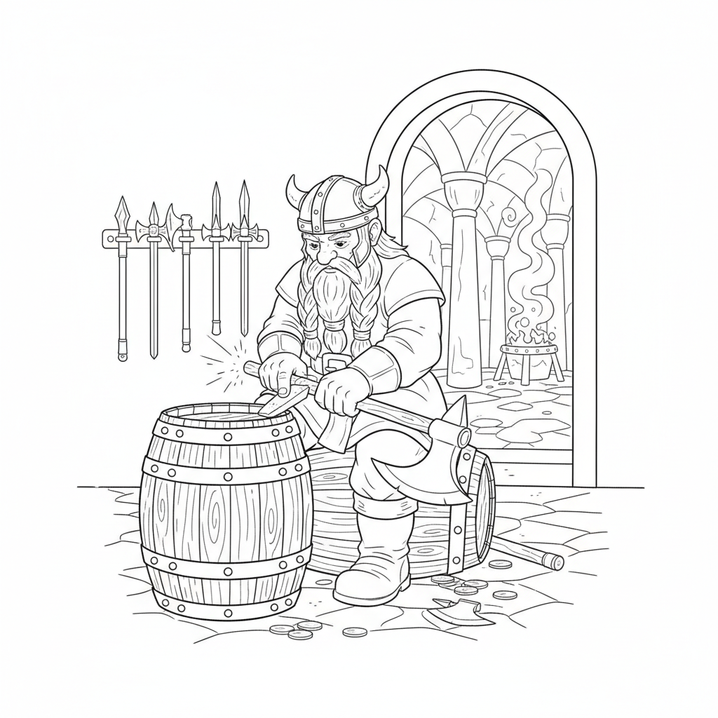 Gimli sitter på tunna och putsar yxhuvudet.